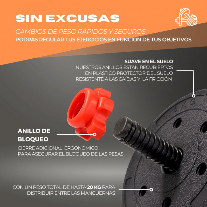 Mancuernas Ajustables Juego De Con Barra Adicional, 20 Kg, Para