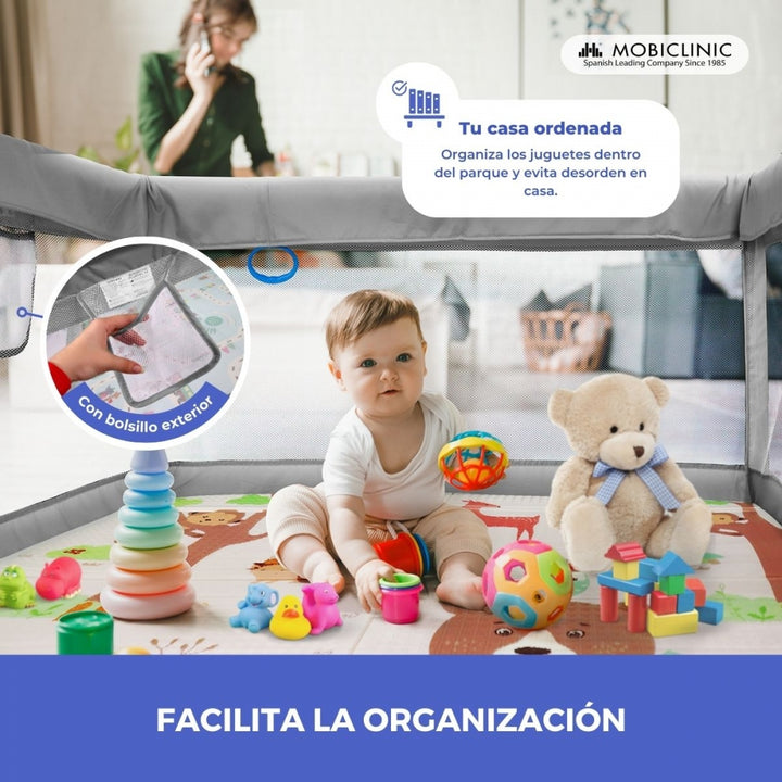 Parque Infantil Para Bebés LILIIN - Corralito Plegable 127x127x68 Cm, Malla Transpirable, Ventosas Antideslizantes, Gris, A Partir De 6 Meses