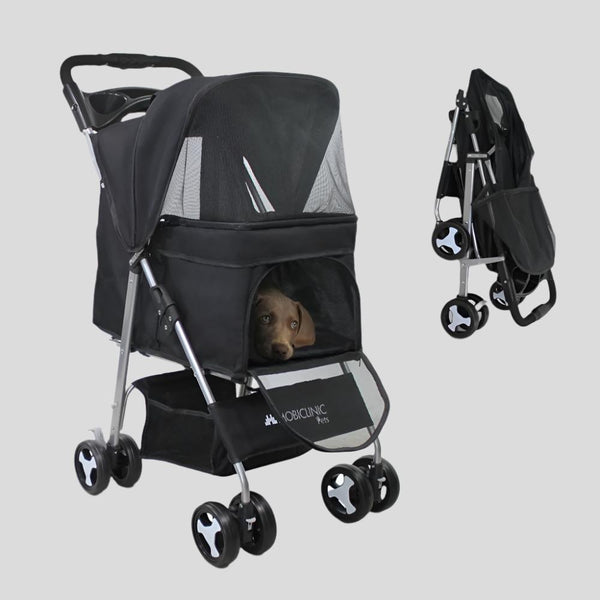 Carrito para perros | Plegable |Ruedas con freno y 360º |3 accesos |Con toldo| Cesta almacenaje y portavasos |Negro |Zuma|Mobiclinic