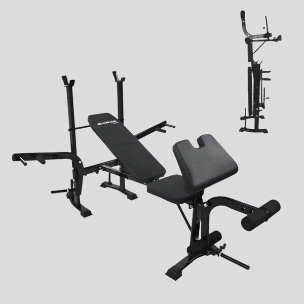 Banco Multifuncional pesas | Mod PRESSFIT | Musculación| Plegable | Ajustable | Soporte para barras | 148x180x110.5cm | 250kg | Mobiclinic