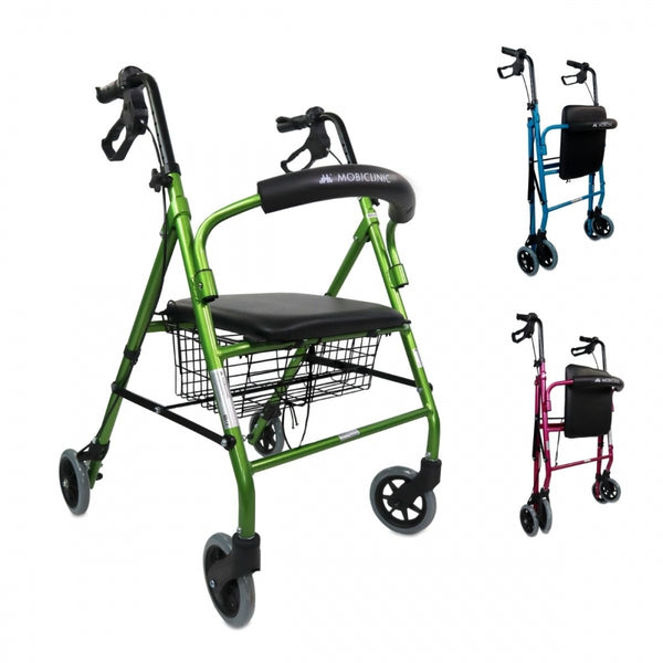 Andador | Plegable | Aluminio | Frenos en manetas | Asiento y respaldo | 4 ruedas | Verde | Escorial | Mobiclinic