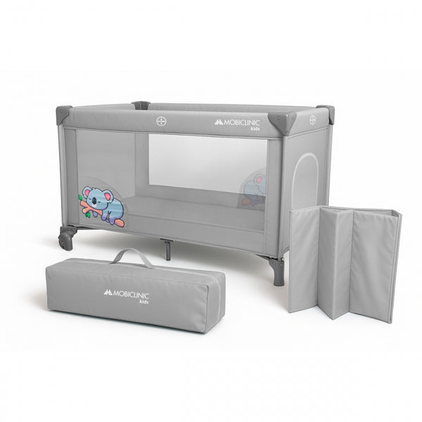 Cuna de viaje con ruedas | Portátil | Plegable | Resistente | Tela transpirable | Bolsa de transporte | Gris | Mofli |Mobiclinic