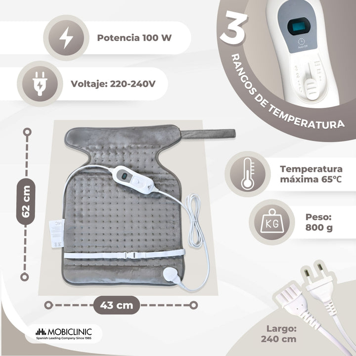 Mobiclinic dorsal cervical: especificaciones de 100 W, 3 niveles y tamaño 62 por 43 cm
