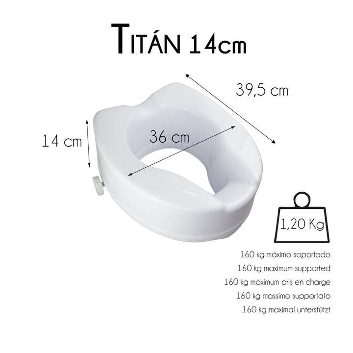 Elevador WC, Con tapa, 14 cm, Blanco, Ajustable, Titán, Hasta 160 Kg