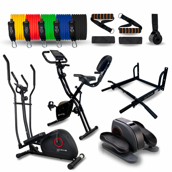 Pack Fitness de Gimnasio en Casa| Tubos elásticos | Pedalier | Barra dominadas | Bicicleta estática | Elíptica | Mobiclinic